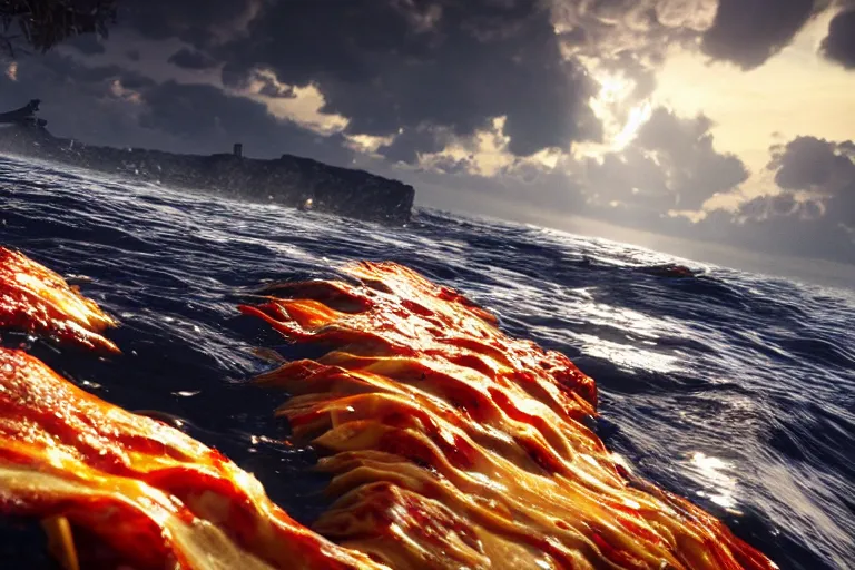 Prompt: the sea made of Lasagna, wide angle, photorealistic, cinematic lighting, high detail, cinematic feel, high octane, 4K, Unreal Engine