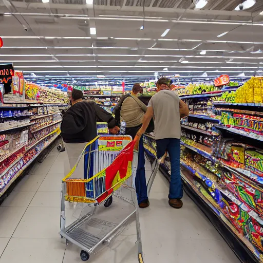 Image similar to Walmart Grocery Store Inside, Cam view, star wars troops are having a ground battle in the store, using tomatoes, banana as weapons by the star wars troopers against star wars troopers, 40nm lens, shallow depth of field, split lighting, 4k,