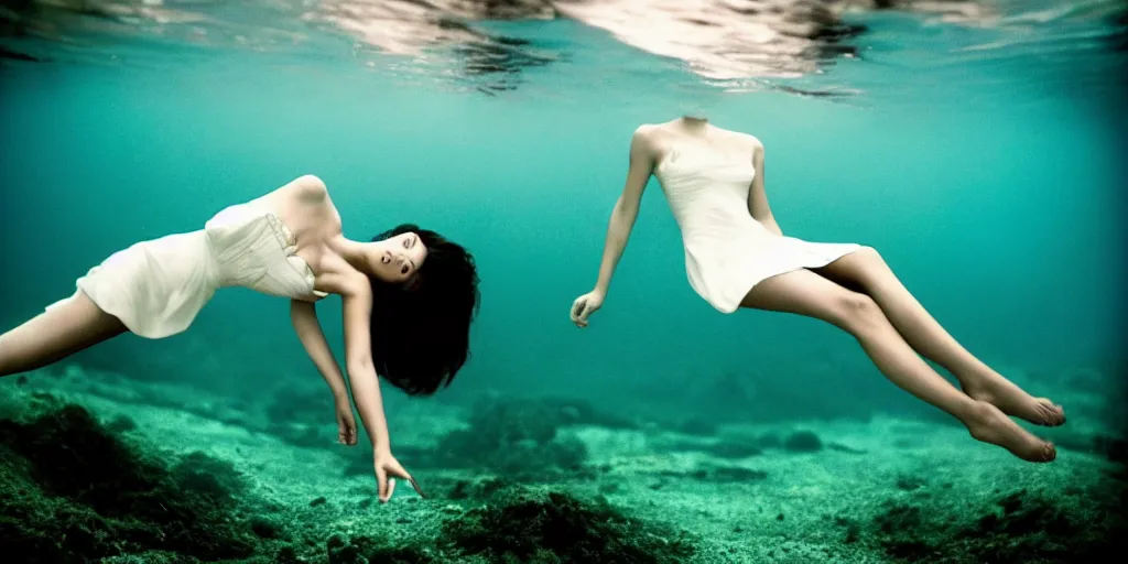 Image similar to deep underwater photography of beautiful model in flat dress by emmanuel lubezki