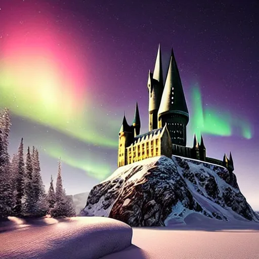 Prompt: “Hogwarts School of Witchcraft and Wizardry with the norther lights in the background. 4k, 8k, unreal 5, very detailed, hyper control-realism,.”