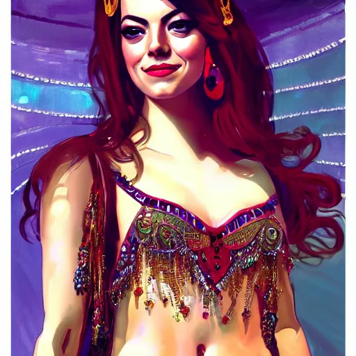 Prompt: a portrait of emma stone dressed as a belly dancer, arabian night, high quality, fully detailed, 4 k, in focus sharp face with fine details, realistic hand details and anatomy, inspired by belly dancer on youtube, alphonse mucha, masterpiece, stunning, artstation