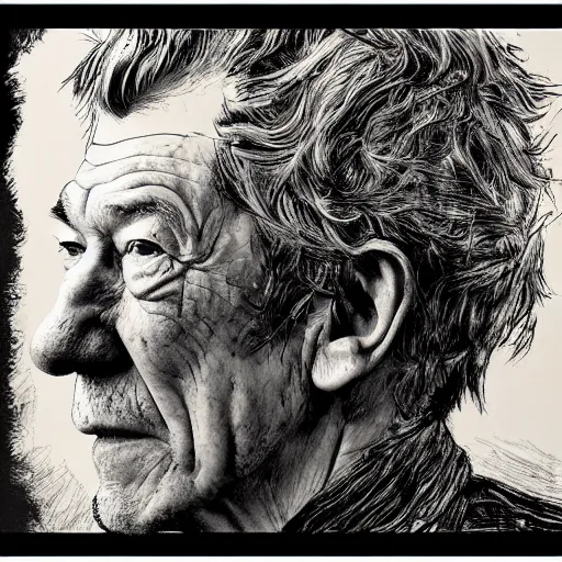 Image similar to a realistic yet scraggly portrait photo of the side profile of a stern and sophisticated ian mckellen as a pirate captain, octane render, intricate details, in the style of frank auerbach, in the style of sergio aragones, in the style of martin ansin, in the style of david aja, in the style of mattias adolfsson