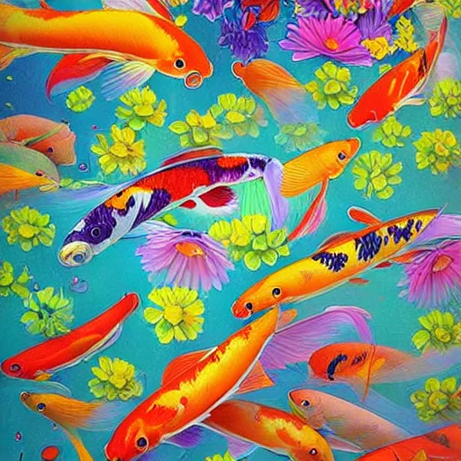 Prompt: a bouquet of colorful flowers, flowers with very long petals,afternoon sunlight, hard light and long shadows, neon glowing, vivid, koi fish flying around detailed painting, by James Jean and Ross Tran, masterpiece, award winning painting