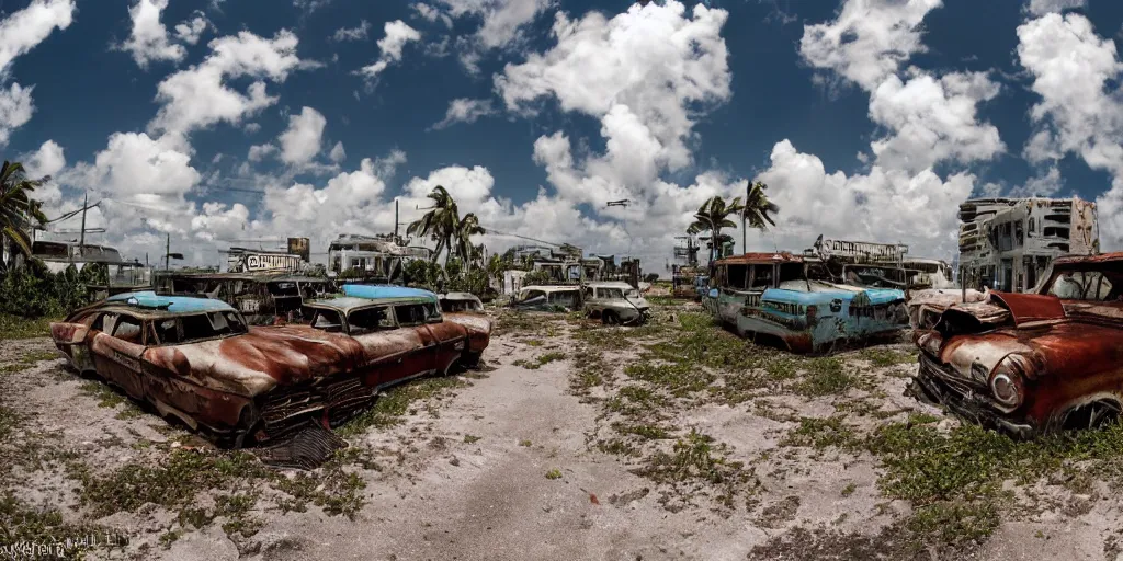 Image similar to wide angle shot of dilapidated fallout 5 miami, tropical coastal city, desolate, dilapidated, some rusted retro futuristic vintage parked vehicles like cars, buses, trucks, trams, sunny weather, few clouds, volumetric lighting, photorealistic, daytime, spring, sharp focus, ultra detailed, technicolour 1