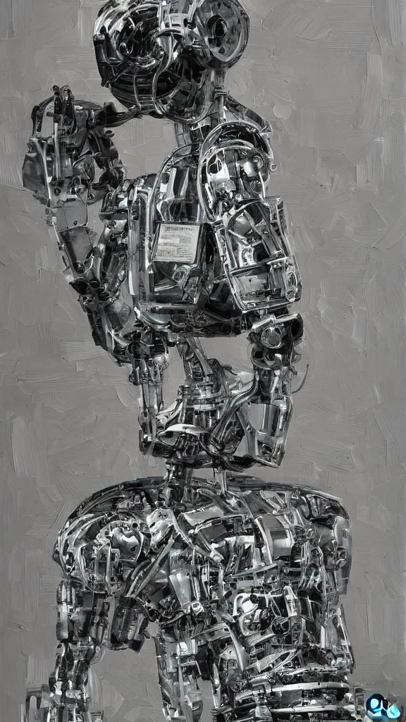 Image similar to robot painting a robot on canvas, intricate, highly detailed, photorealistic, film still, by alexandros pyromallis.