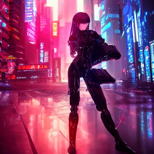 prompthunt: full digital cyberpunk anime!!, shattered cyborg - girl in the  style of arcane!!!, lightning, raining!!, water refractions!!, black long  hair!, biomechanical details, neon background lighting, reflections, wlop,  ilya kuvshinov, artgerm