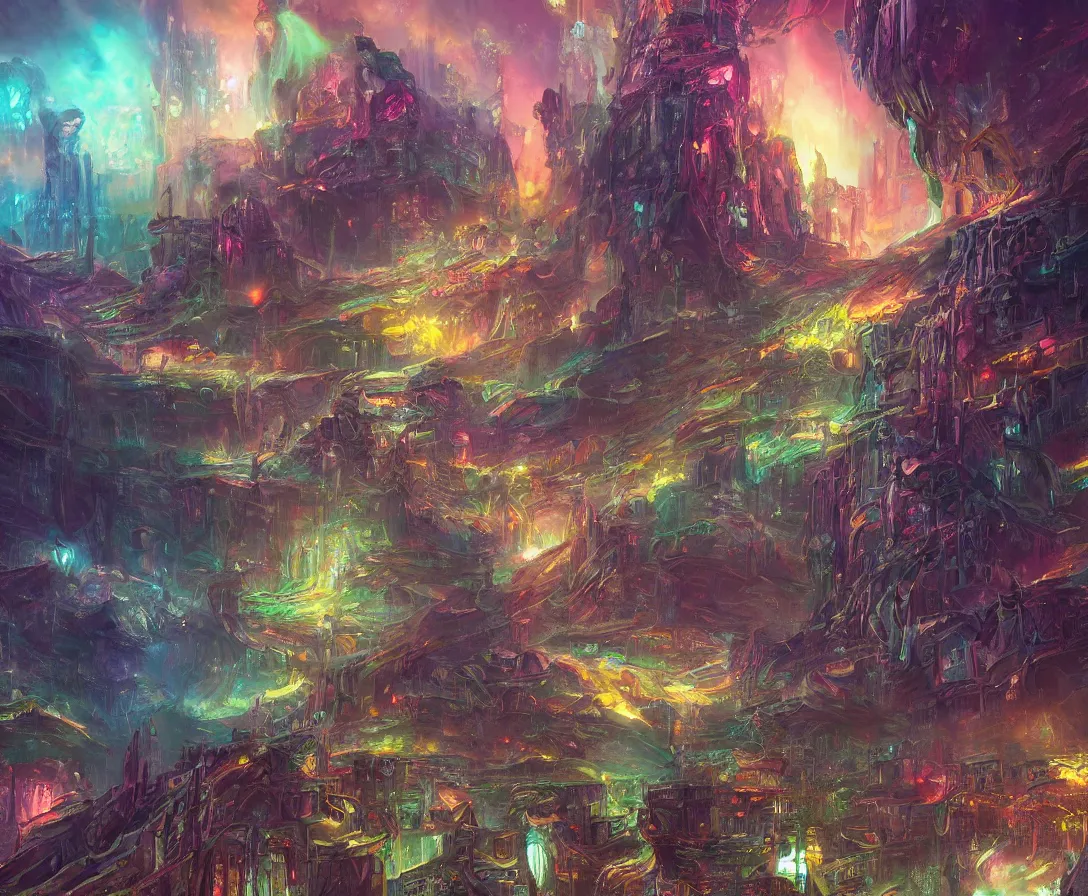 Image similar to detailed painting of an intricate fantasy sci-fi-world, colorful, dreamy, concept art