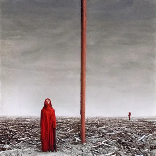 Image similar to a woman covered in white ash with red hair, standing on a post apocalyptic snow fiels with shadows of former civilzations, painted by beksinski