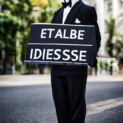 Prompt: stock image of a man in a tuxedo holding up a sign that says im using stable diffusion!!