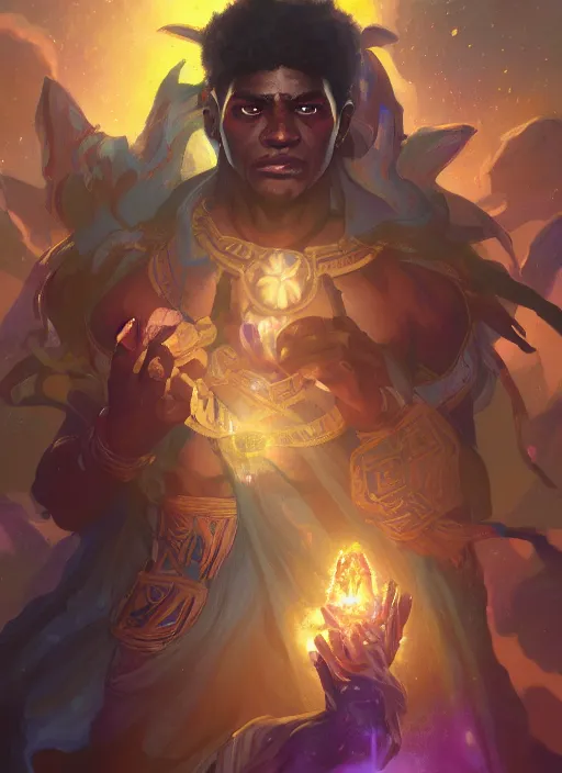 Image similar to handsome black man casting magical spells with powerful crystals, afrikan tribal voodoo headdress and kemetic imagery, digital painting artstation, concept art, matte, sharp focus, illustration, dramatic exploding nebulae, hearthstone, art by artgerm and greg rutkowski and alphonse mucha