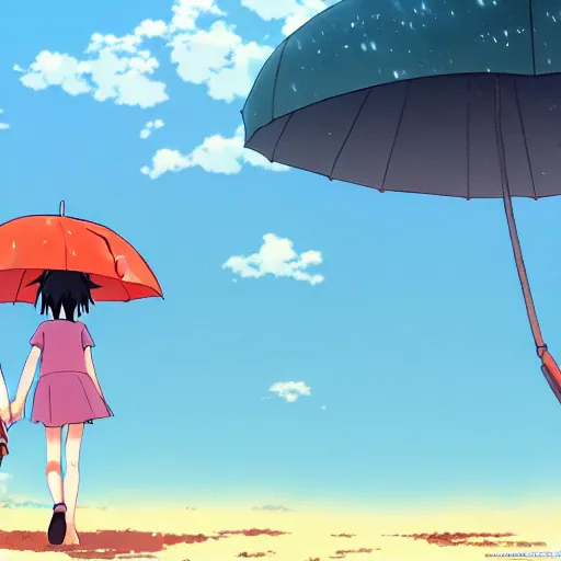 Image similar to anime girl and boy walking together on the Beach, Rain, umbrella, by makoto shinkai, Studio Ghibli, anime wallpaper, illustration, 4k Wallpaper, flat colors, trending on artstation, cgsociety