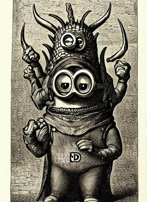 Image similar to a minion as a demon from the dictionarre infernal, etching by louis le breton, 1 8 6 9, 1 2 0 0 dpi scan, ultrasharp detail, clean scan