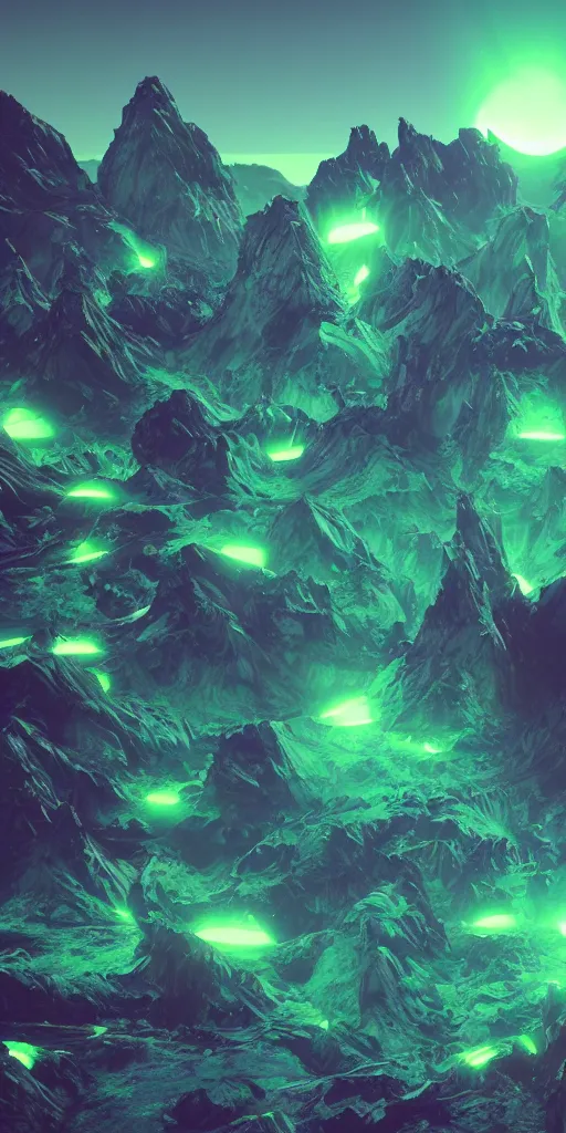 Prompt: a beautiful neon alien landscape, mountains, nighttime, ambient lighting, octane render
