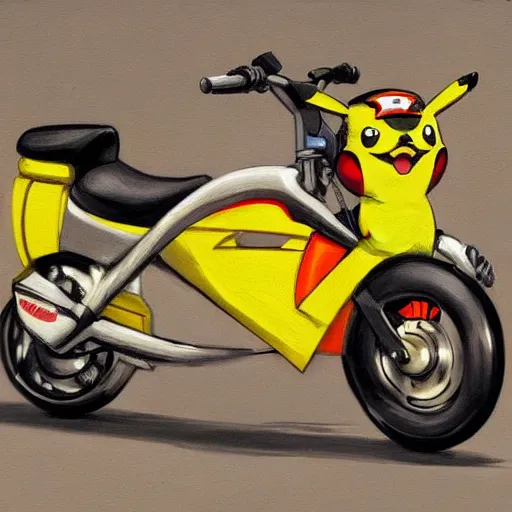 Image similar to pikachu riding motorcycle, nestor canavarro hyperrealist art style, sharp brushstrokes