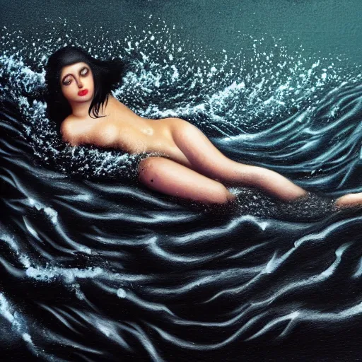 Prompt: photorealistic portrait of a beautiful brunette drowning into black waters with a golden dress