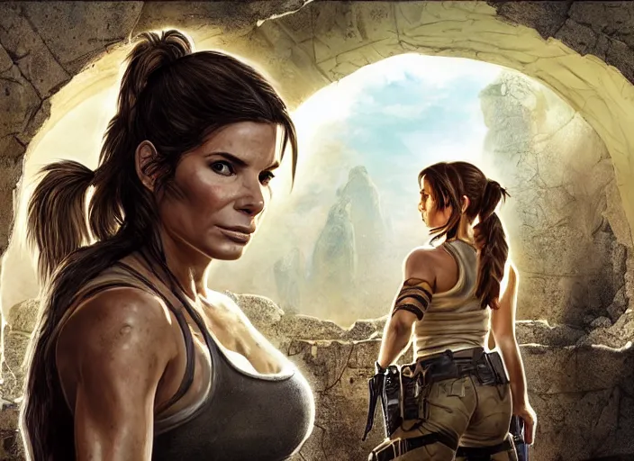 Image similar to face portrait of concentrated young Sandra Bullock as Lara Croft with pig-tails entering an incredible epic ruin, glorious sun beams, intricate, elegant, highly detailed, digital painting, short focus, illustration, Allan Lee, John Howe