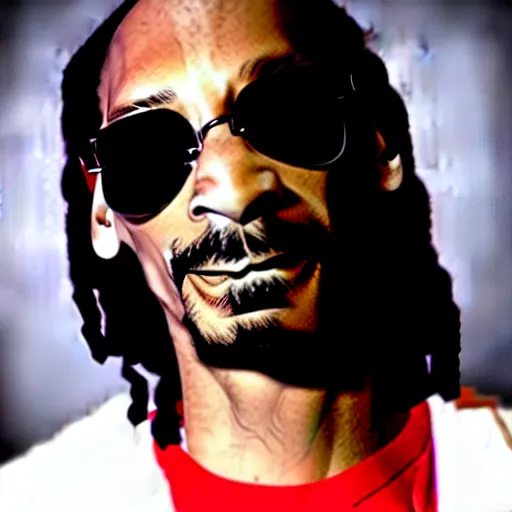 Image similar to Snoop Dog with big eyes eye color red , smiling and holding a joint in his hand