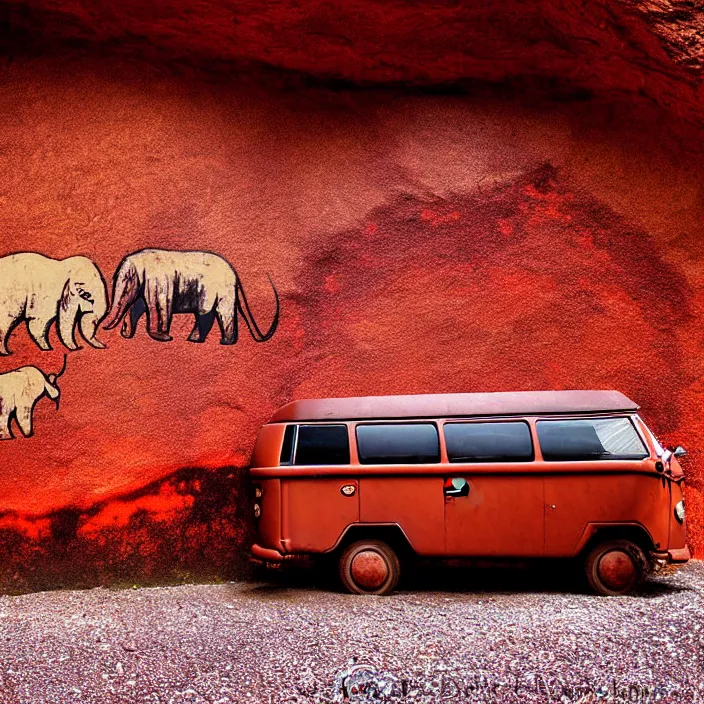 Image similar to red ocher painted on the wall image of ancient vw bus, mammoths and hunters, ancient prehistoric rock art in a cave style