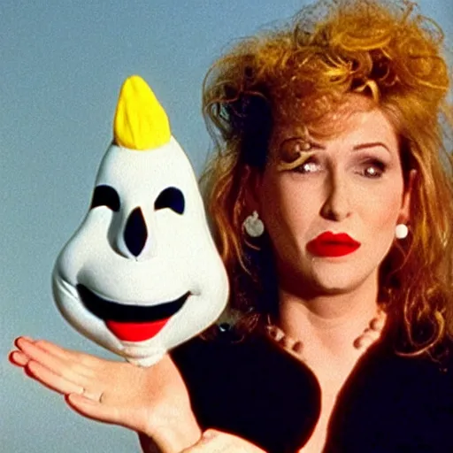 Prompt: still from a 1 9 8 8 david lynch film about a depressed housewife wearing an inflatable cartoon face as she meets a handsome younger man in a seedy motel