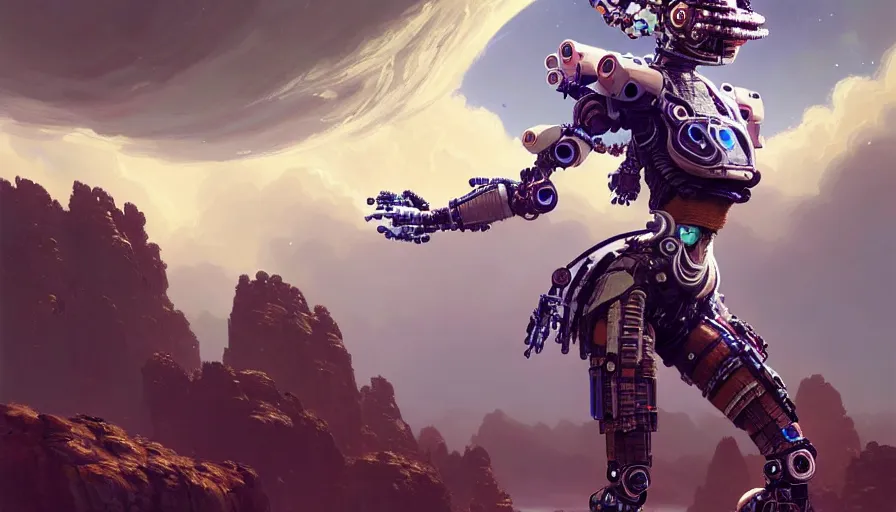 Image similar to a robot astronaut, tech face, floral! looks like a machine from horizon zero dawn designed by apple, in socotra island, posing for a fight, intricate, elegant, highly detailed, digital painting, establishing shot, an epic fantasy, artstation, smooth, sharp focus, illustration, art by artgerm and greg rutkowski, 8 k