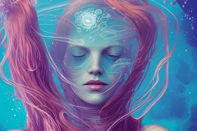 Prompt: full portrait of woman in deep water jellyfish swimming around her, elegant, highly detailed, smooth, sharp focus, trippy, dmt, psychedelic, illustration, beautiful, geometric, trending on artstation, cinematic, artwork by WLOP