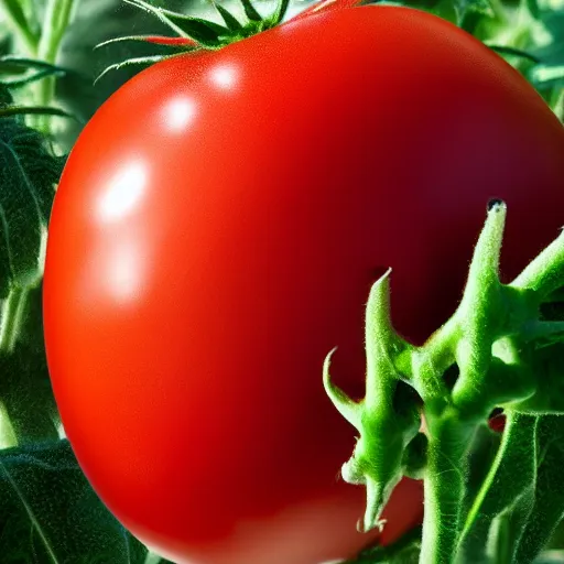 Prompt: of a photo of a giant tomato with sharp teeth. high detail.