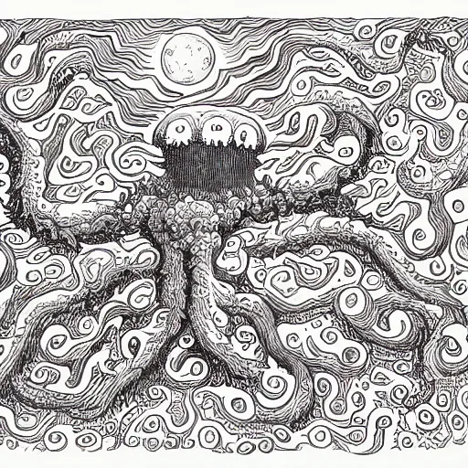 Image similar to impossibly detailed & intricate illustration of the azathoth devouring the earth, colored, by jon burgerman, super refined, 8 k, detailed line work