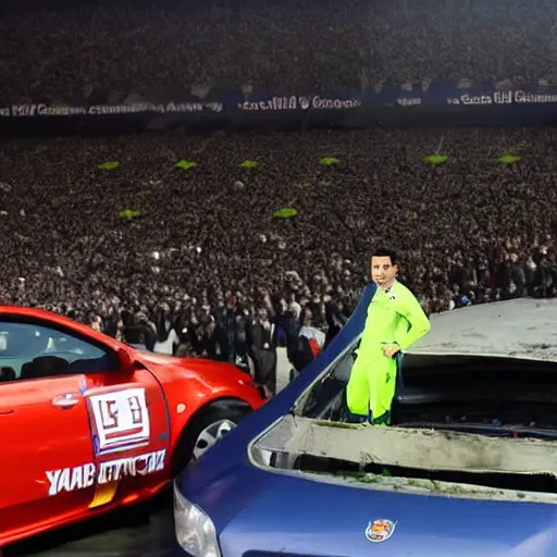 Image similar to xavi hernandez next to a crashed car, in camp nou