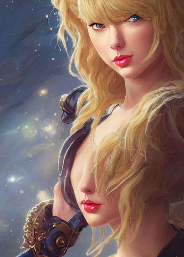 Prompt: portrait of taylor swift as marle from chrono trigger, elegant, flat lighting, intricate, highly detailed, digital painting, artstation, concept art, smooth, sharp focus, illustration, closeup, misa amane, art by simon bisley and greg rutkowski and alphonse mucha