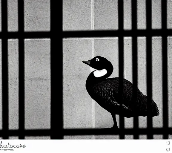 Prompt: Joachim Brohm photo of 'canada goose perched behind jail bars', high contrast, high exposure photo, monochrome, DLSR, grainy, close up