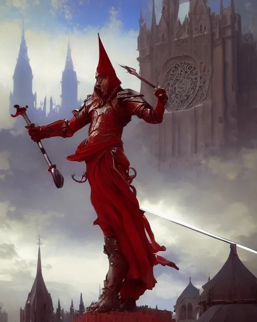 Prompt: A Full View of a Red Wizard with a sword and staff, surrounded by energy in front of a gothic tower. masterpiece 4k digital illustration by Ruan Jia and Mandy Jurgens and Artgerm and greg rutkowski and Alexander Tsaruk and WLOP and william-adolphe bouguereau, award winning, Artstation, art nouveau aesthetic, Alphonse Mucha background, intricate details, realistic, panoramic view, Hyperdetailed, 8k resolution, intricate art nouveau