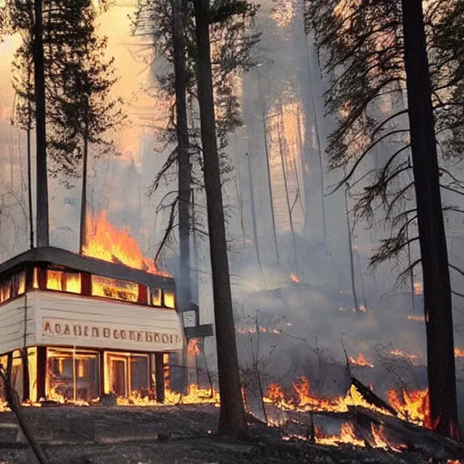 Image similar to a beautiful photo of a small hotel engulfed in a forest fire