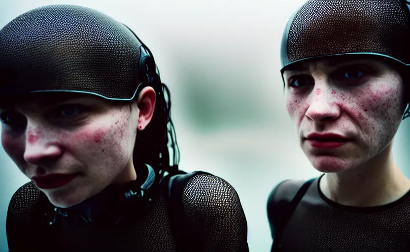 Image similar to cinestill 5 0 d candid photographic portrait by helen levitt of two loving female androids wearing rugged black mesh techwear in treacherous waters, extreme closeup, modern cyberpunk moody emotional cinematic, dust storm, 8 k, hd, high resolution, 3 5 mm, f / 3 2, ultra realistic faces, ex machina