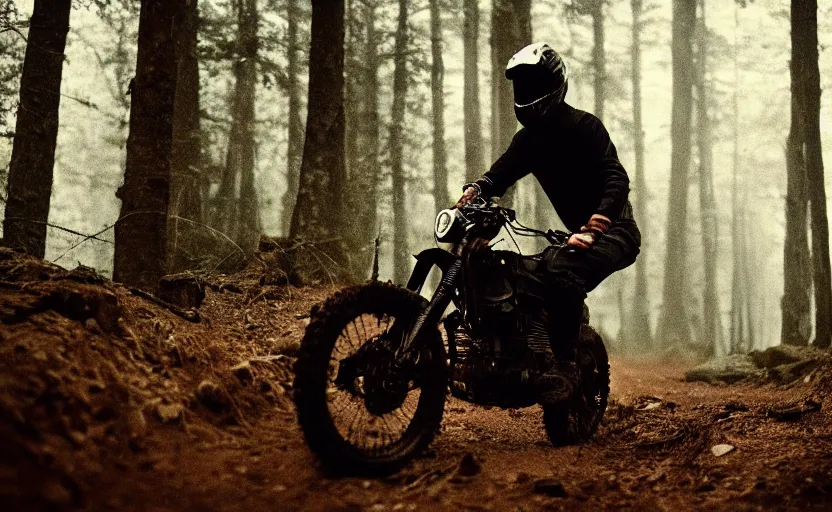 Image similar to cinestill 5 0 d candid photographic portrait by helen levitt of joe biden wearing rugged black mesh techwear riding on a dirtbike through a deep forest, extreme closeup, modern cyberpunk moody emotional cinematic, snow storm, 8 k, hd, high resolution, 3 5 mm, f / 3 2, ultra realistic faces, ex machina