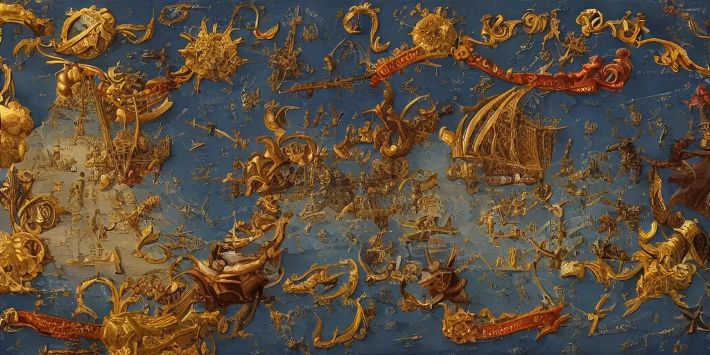 Prompt: international relations and geopolitics, mix of styles, dutch golden age, detailed, intricate, treasure planet color scheme, abstract, battle, commerce