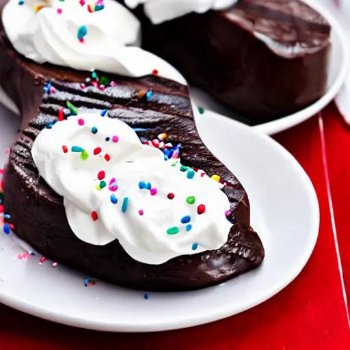 Prompt: chocolate steak with whipped cream and sprinkles