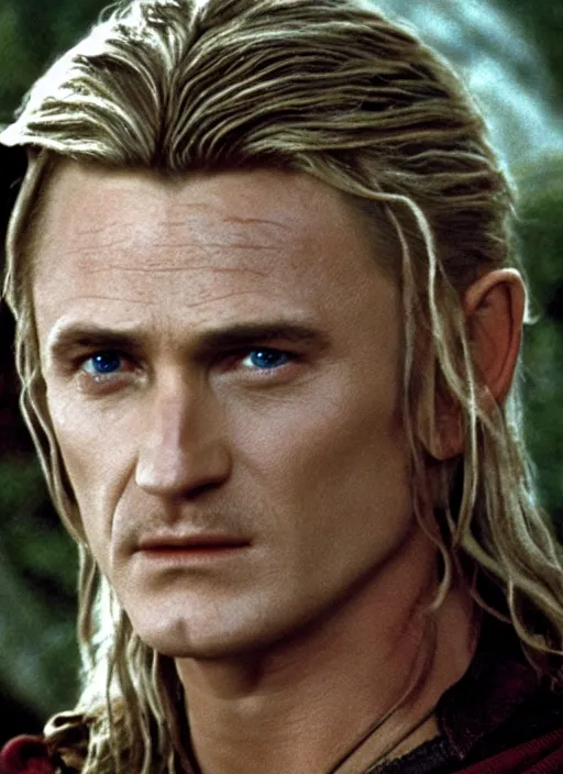 Prompt: film still of Sean Penn as Legolas in The Lord of the Rings, 4k