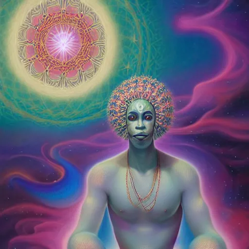 Image similar to obatala the cosmic god sitting in a cabana made of nebula clouds, by Adi granov and afarin sajedi and amanda sage and evgeni gordiets and Agostino Arrivabene in a psychedelic portrait style, ultrarealistic matte painting, volumetric lighting, fractal, extremely symmetrical, highly detailed face, orisha, 8k, hd