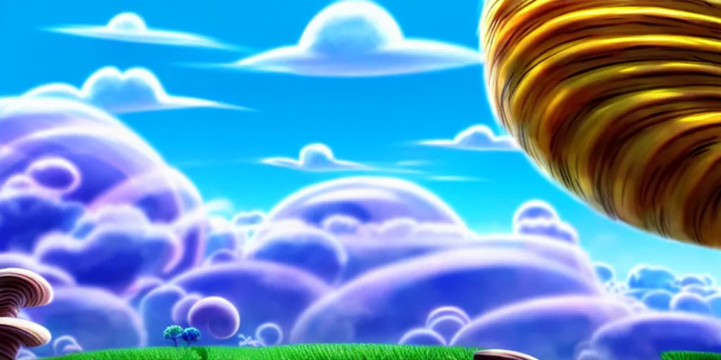 Image similar to cartoon concept art, clean blue sky, spiral clouds, from lorax movie