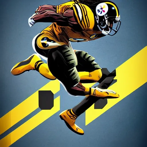 Image similar to detailed najee harris jumping over defender, steelers uniform, in the style of a marvel comic book, realistic, trending on artstation