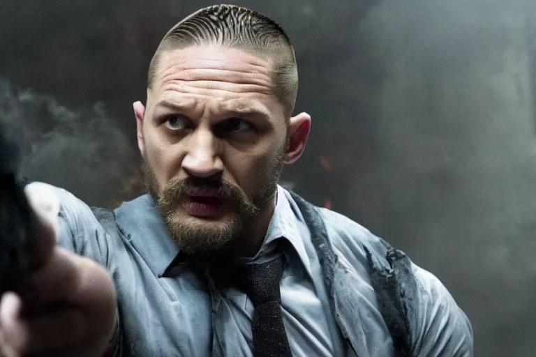 Prompt: film still of Tom Hardy as Max Payne trying to escape a creepy funhouse that is on fire in the Max Payne movie, 4k