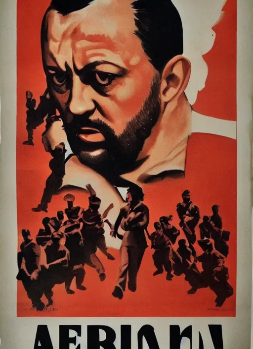 Image similar to Portrait Jean Reno gesture,look of hate, threatening pose, 1940s propaganda poster, full hd,highly detailed