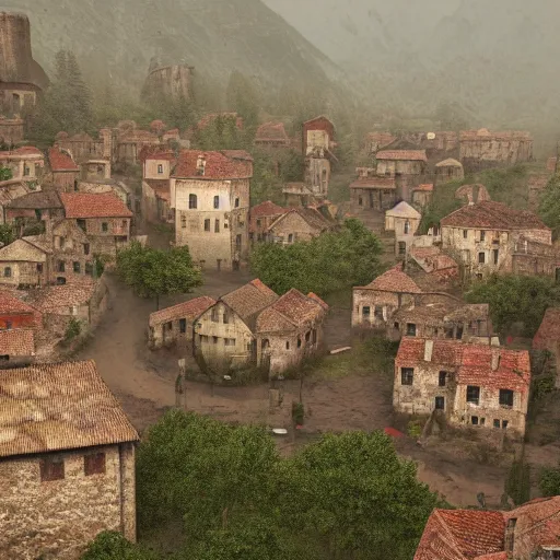 Image similar to the center of a poor medieval town under heavy rain at late dawn, in a valley, surrounded by mountains, highly detailed, octane render, hyper realistic, ultra detailed cinematic, 8 k, photorealistic, widescreen, hd, hyper realism
