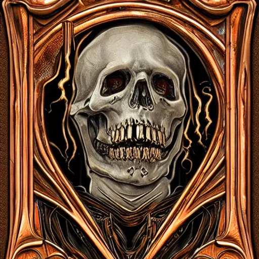 Prompt: steam _ necropolis _ memento _ mori _ gothic _ neo _ - _ gothic _ art _ nouveau _ hyperdetailed _ copper _ patina _ medieval _ icon _ philippe