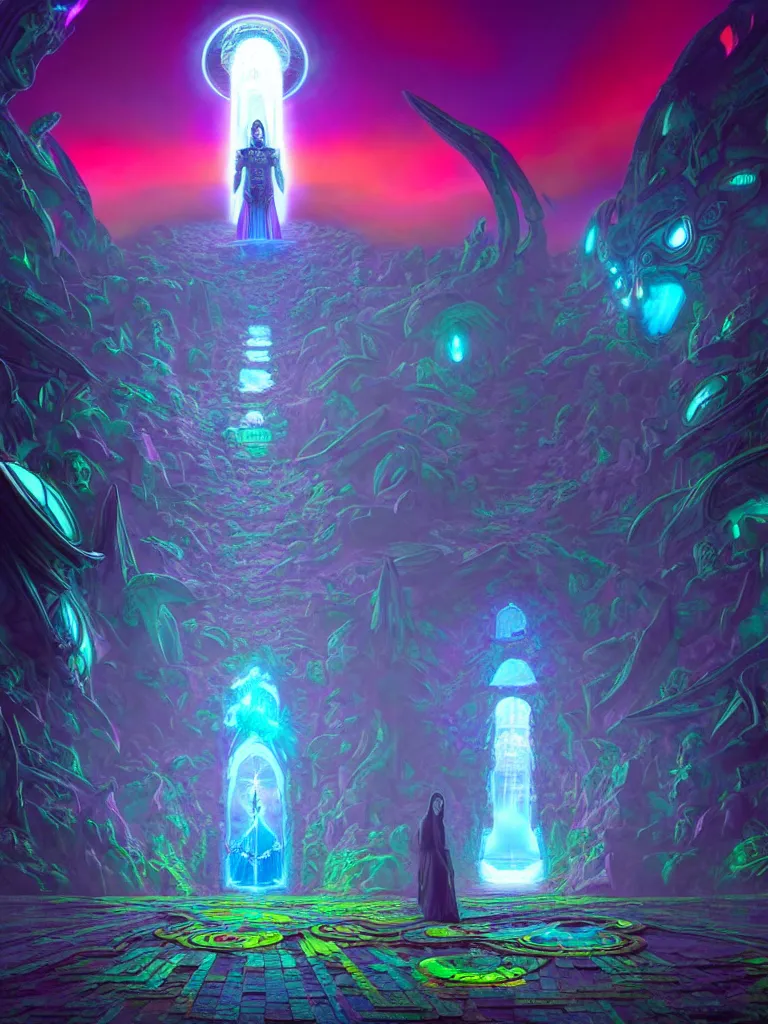 Image similar to entrance to ethereal realm, vishnu waiting, rendered in unreal engine, central composition, symmetrical composition, dreamy colorful cyberpunk colors, 6 point perspective, fantasy landscape with anthropomorphic!!! terrain!!! in the styles of igor morski, jim warren, and rob gonsalves, intricate, hyperrealistic, volumetric lighting, neon ambiance, distinct horizon