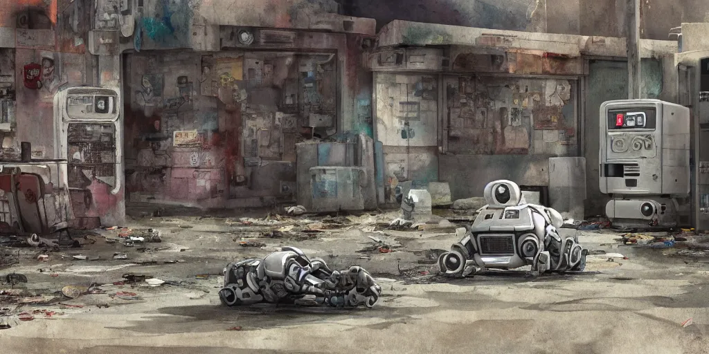 Image similar to a broken robot lying in a deserted junk town, watercolor, ghost in the shell, soft bloom lighting, paper texture, bright sun bleached ground, vending machine, robot lurks in the background, koji morimoto, katsuya terada, genius party, animatronic, black smoke, pale, beige sky pencil marks, hd, 4k, remaster, dynamic camera angle, fish eye, dynamic scene