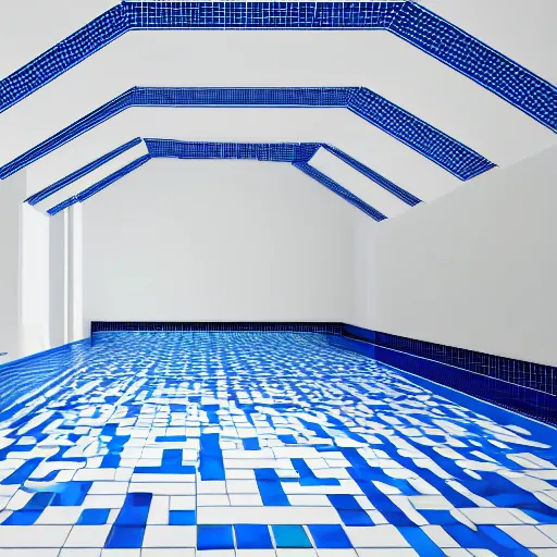 Image similar to a very large empty pool, liminal space, white and blue ceramic tile ceiling, symmetrical centered view, octane render, sharp focus, very coherent