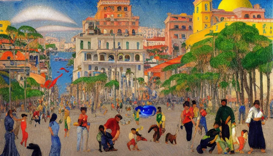 Prompt: a 1 9 9 8 brazilian rio de janeiro town designed by jules bastien - lepage, tarsila do amaral, frank weston and gustave baumann, trending on artstation, mediterranean, star sparkle, fruits and animals, sharp focus, colorful refracted sparkles and lines, soft light, 8 k 4 k