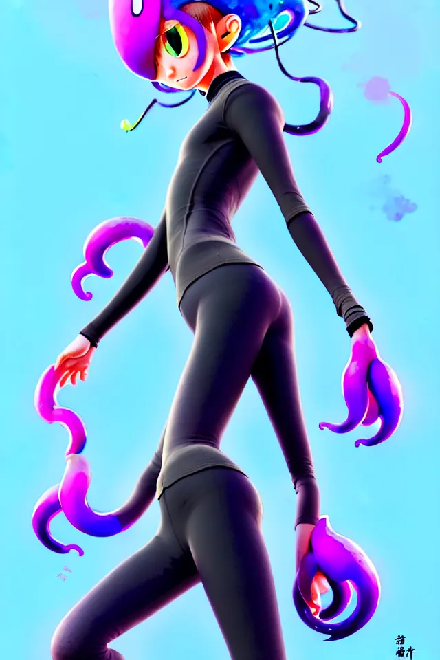 Image similar to a beautiful fullbody portrait of a cute splatoon anime boy wearing tight leggings under shorts. character design by cory loftis, fenghua zhong, ryohei hase, ismail inceoglu and ruan jia. artstation, volumetric light, detailed, photorealistic, fantasy, rendered in octane