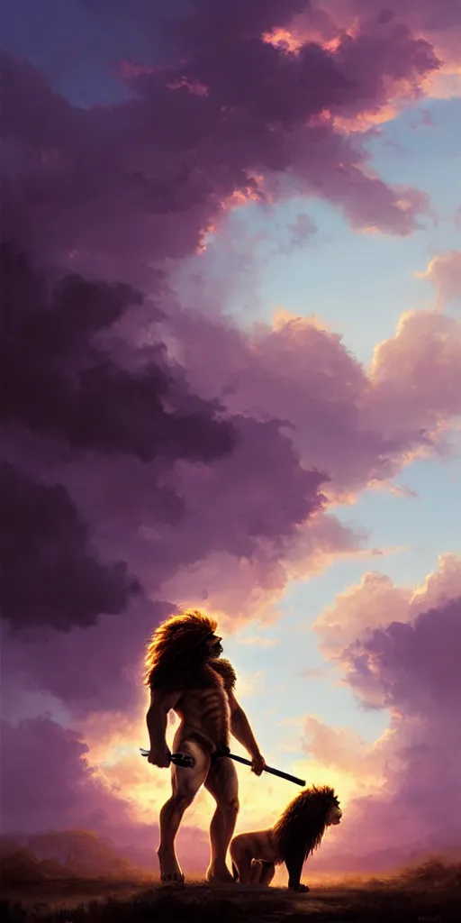 Prompt: muscular oversized lion animal as barbarian hunter with weapon and anthropomorphic human oversized mutant proportions and very hairy body , backlight body , extreme very textured detailed panoramic painting by andreas rocha , silhouette over sunset, dramatic clouds and cyan atmosphere